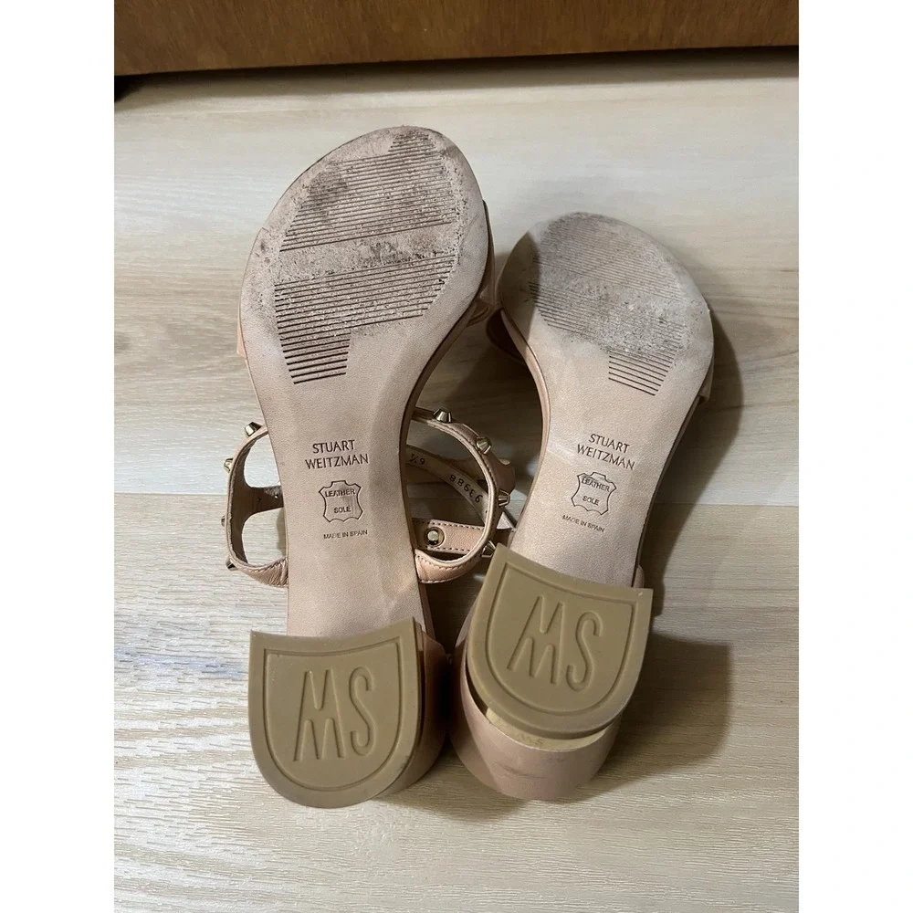 Stuart Weitzman Mygal Studded Italian Nappa‎ Leather Chunky Heeled Nude 6.5